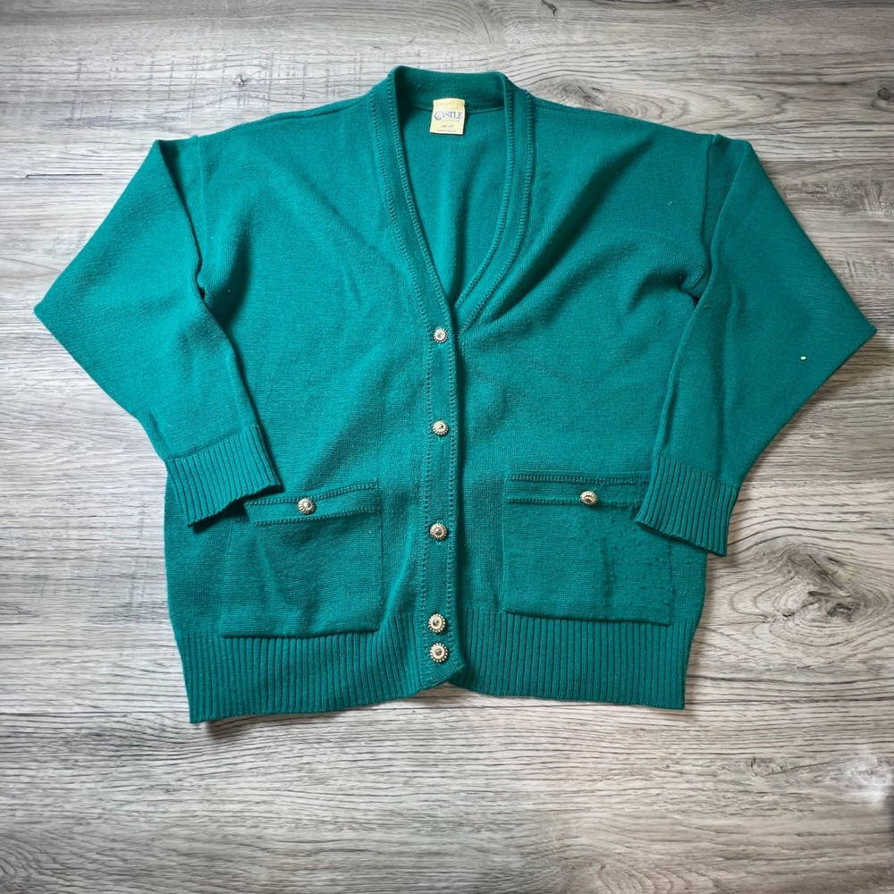 Castle Knitwear Cardigan Women 42 Green Wool‎ Blend Gold Button Made in Ireland